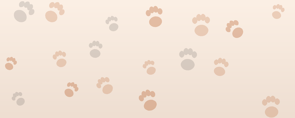Scattered dog and cat paw prints in ochre and grey on a warm background.